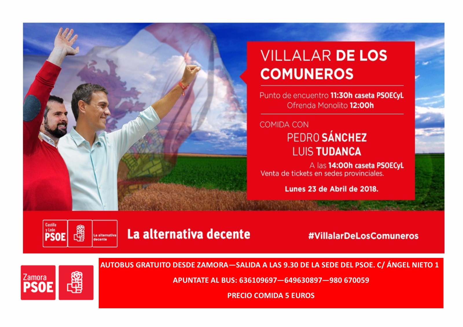 <strong>Pedro S&aacute;nchez y Luis Tudanca en Villalar de los Comuneros el pr&oacute;ximo Lunes 23 de Abril&nbsp;</strong>