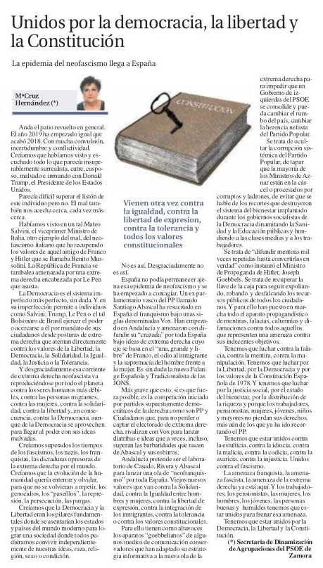 <div><strong>"Unidos por la Democracia, la Libertad y la Constituci&oacute;n". Art&iacute;culo de M&ordf; Cruz Hern&aacute;ndez Gonz&aacute;lez</strong></div>