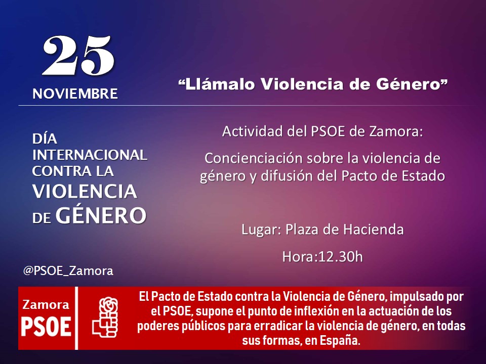 <div><strong>El PSOE de Zamora conmemora ma&ntilde;ana Lunes 25 de Noviembre el D&iacute;a Internacional contra la Violencia de G&eacute;nero</strong></div>